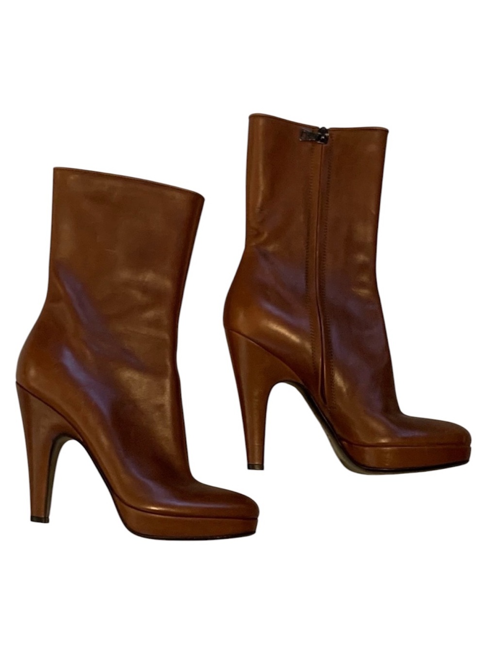 Prada Cognac Brown Italian Vero Cuoio Leather High Heeled Boots Size 36
